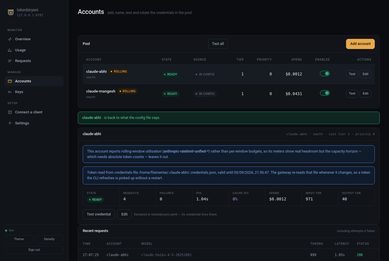 The account detail screen: where this subscription's token comes from, when it goes
stale, and what its rolling windows mean for routing