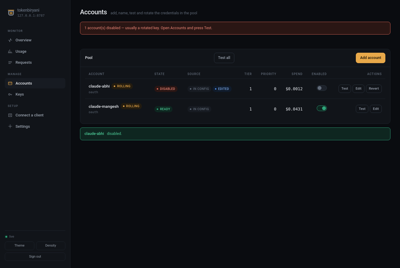 A config account turned off from the console: tagged "in config" and "edited", with
a Revert button that hands it back to the file