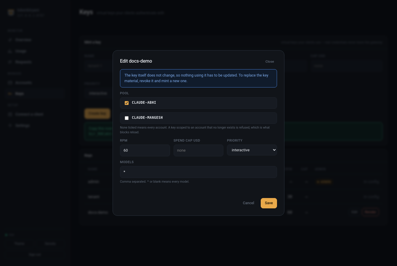 The key editor: pool, rate limit, spend cap, priority and models, with the key
material itself untouched