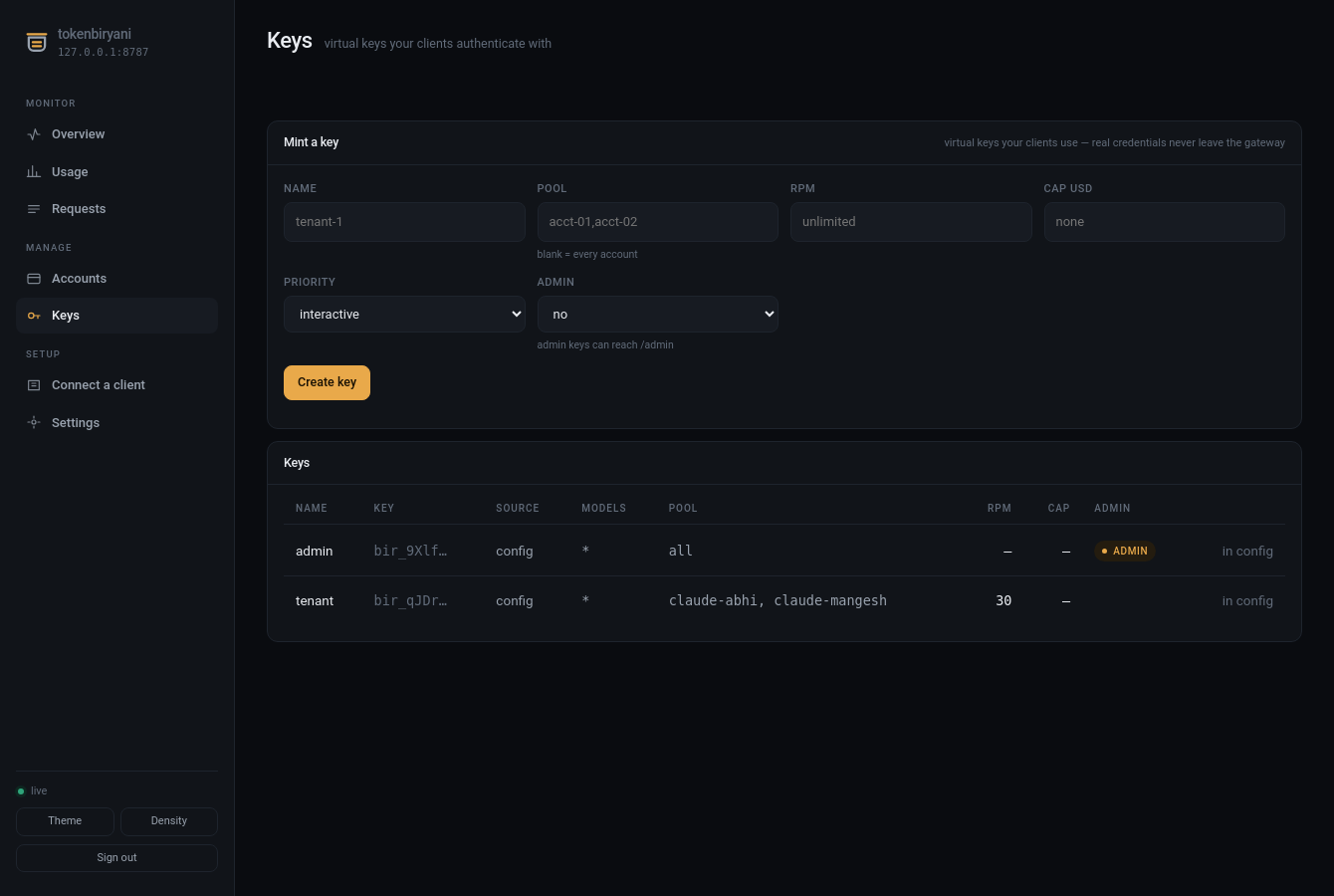 The Keys screen: config keys marked "in config", managed keys with Edit and Revoke