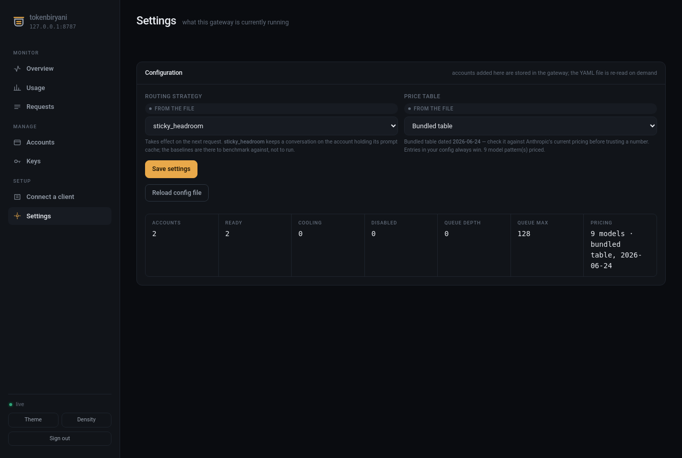 The Settings screen: routing strategy and price table as dropdowns, each tagged with
where its current value came from