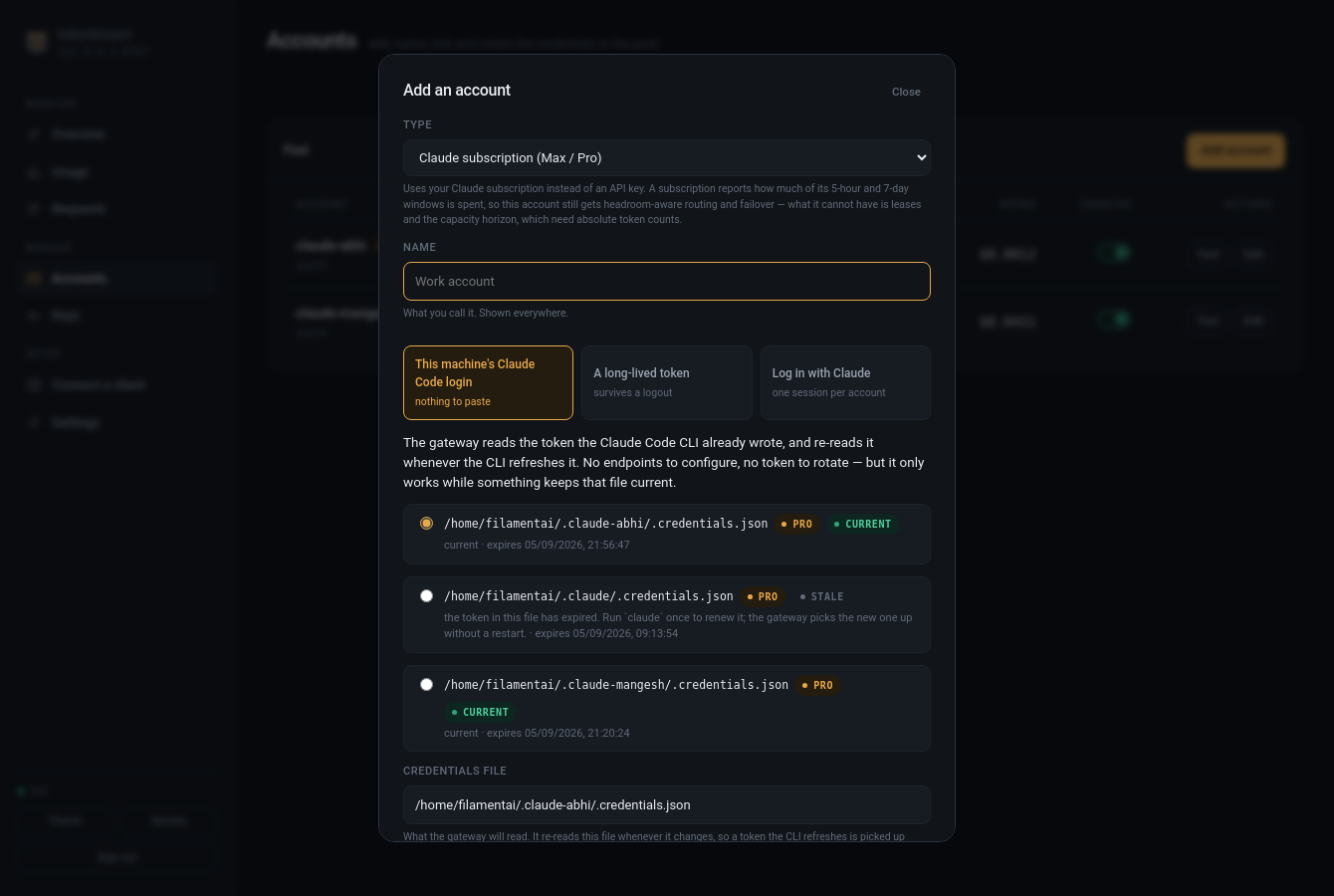 The Add-account dialog on its session mode, listing the Claude Code logins found on
this machine with their subscription type and whether each is
current