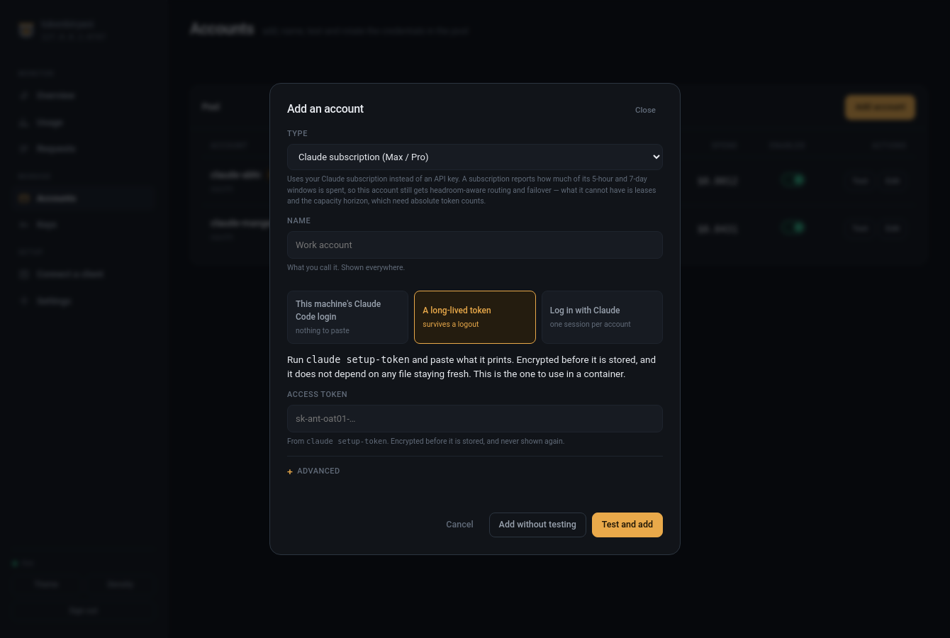 The same dialog on its token mode: one password field for a long-lived
token